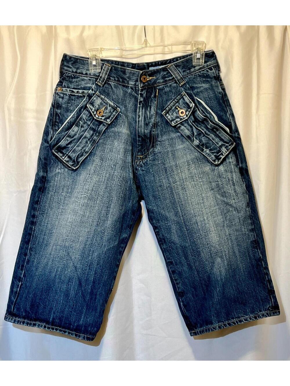 Azzure Baggy Denim Shorts Men's 32W Blue Y2K Hip Hop Dark Fade Vintage